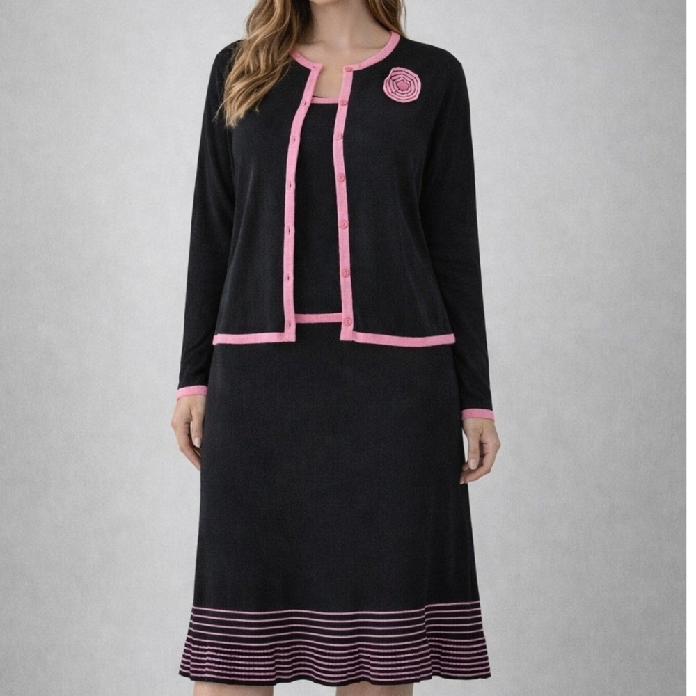 Sag Harbor Petite Black Pink Trim Knit Sweater Cardigan Tank Top Skirt‎ Set 3 Pc